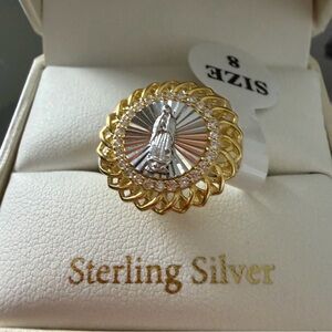 Sterling Silver 925 Gold Silver Color Ring Sz 8 Catholic Virgin Mary Guadalupe
